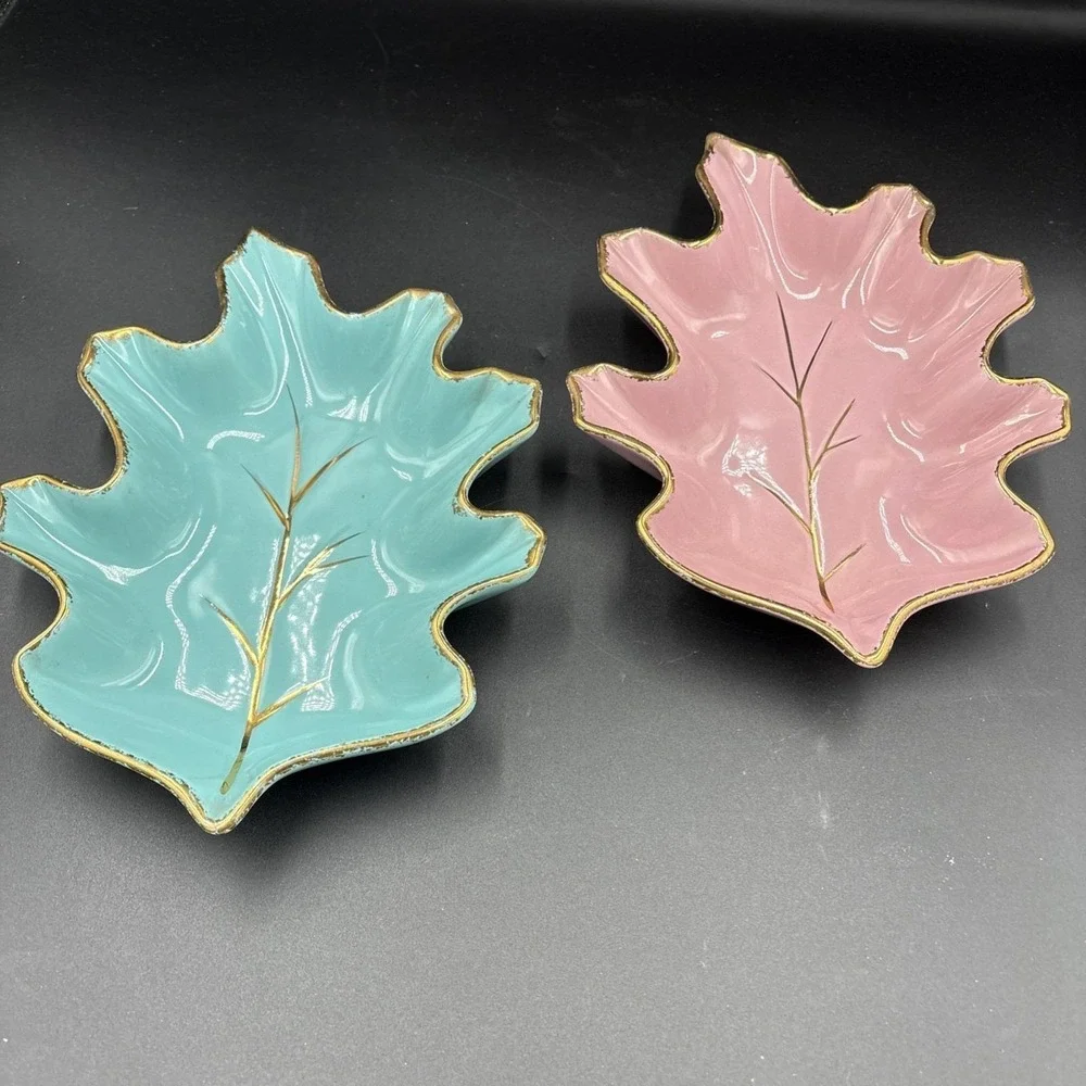 CA Pottery Leaf Dish Set 2  Pink &Turquoise Blue Gold Trim USA VTG  #632 MCM 10